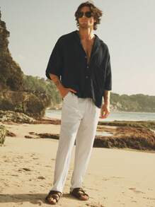 HIMLAND Men's Casual Woven Double-Layer Crinkle Fabric Lapel Collar Front Pocket Three-Quarter Sleeve Shirt, Old Money, Fall - Black - View 3