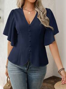 EMERY ROSE Áo cánh tay ngắn cổ chữ V phong cách Pháp thanh lịch cho nữ, trang phục công sở thường ngày, ngày lễ, cỡ lớn, eo nhún, tay loe, mùa xuân/hè - Màu xanh hải quân - Xem 1