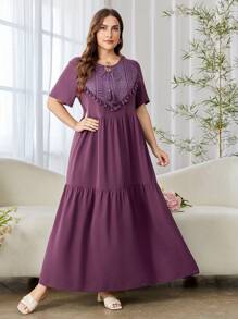 Al Najma Vestido longo casual plus size com franjas e cor sólida - Roxa - Ver 4