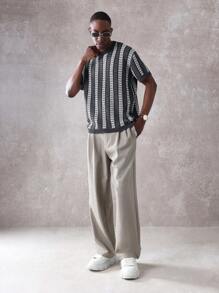 SUMWON Retro Stripe Knit T-Shirt Classic Short Sleeve Crewneck Sweater Top Casual Urban Streetwear Spring Summer Lightweight Premium - Grey - View 5