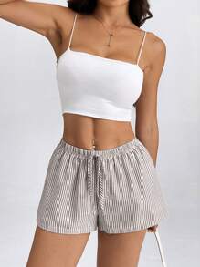 SHEIN PETITE Women's Striped Low-Rise Shorts For Summer Vacation Beach - Brown - View 3