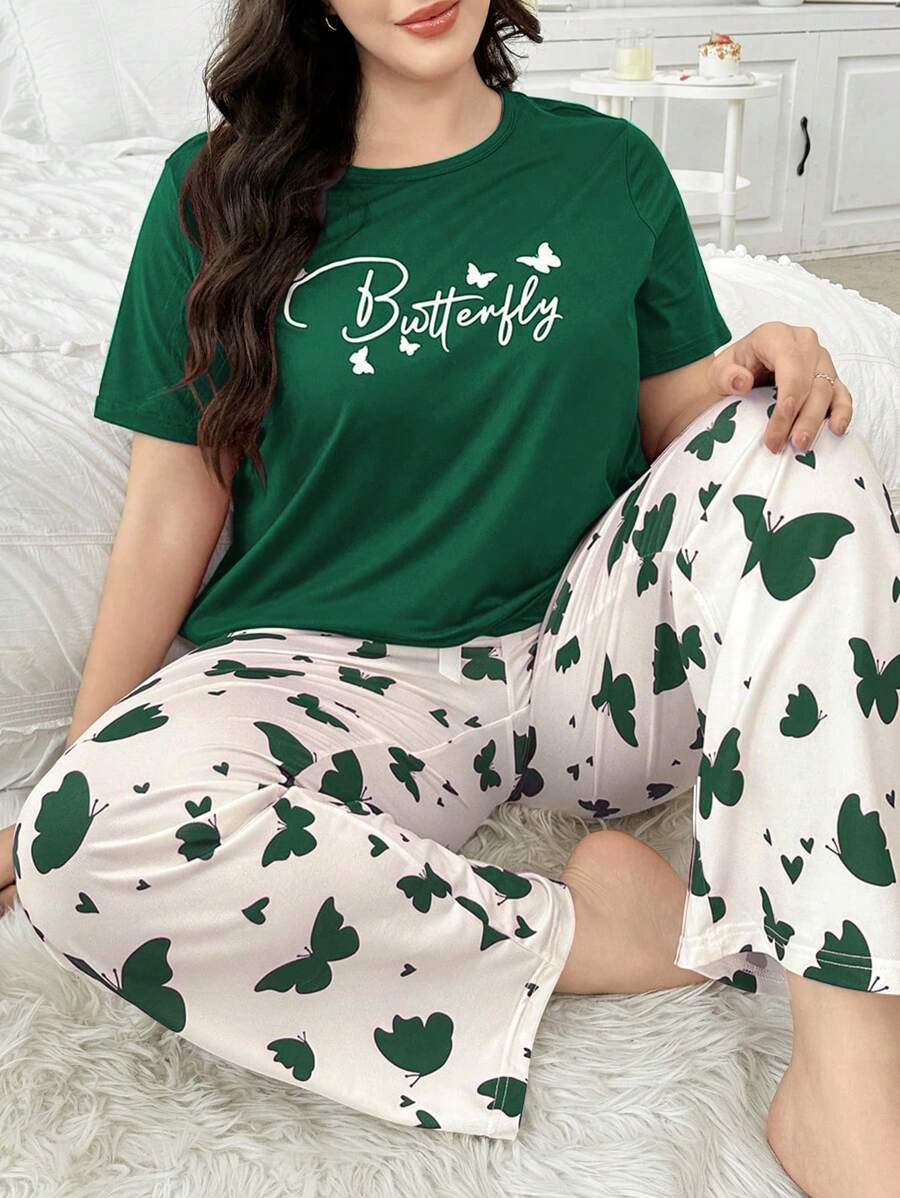 2pcs Butterfly & Letter Print Short Sleeve Pajama Set For Plus Size Women - Dark Green - View 1