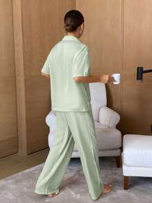 DAZY 缎面拼色短袖衬衫和裤子设计宽松睡衣套装