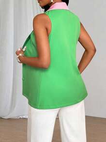Zolique Women's Contrasting Trim Lapel Neck Single Breasted Sleeveless Blazer - Green - View 2
