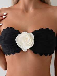 SHEIN Swim 女士波浪图案和白色花朵点缀性感沙滩装泳衣上衣 - 黑色 - 查看 6