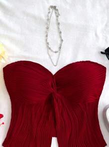 Soleia 性感休闲度假扭纹开衩纹理面料抹胸上衣 - 酒紅色 - 查看 7