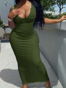 SHEIN Plus Size Women's Solid Color V-Neck Sleeveless Bodycon Dress - Army Green - View 4