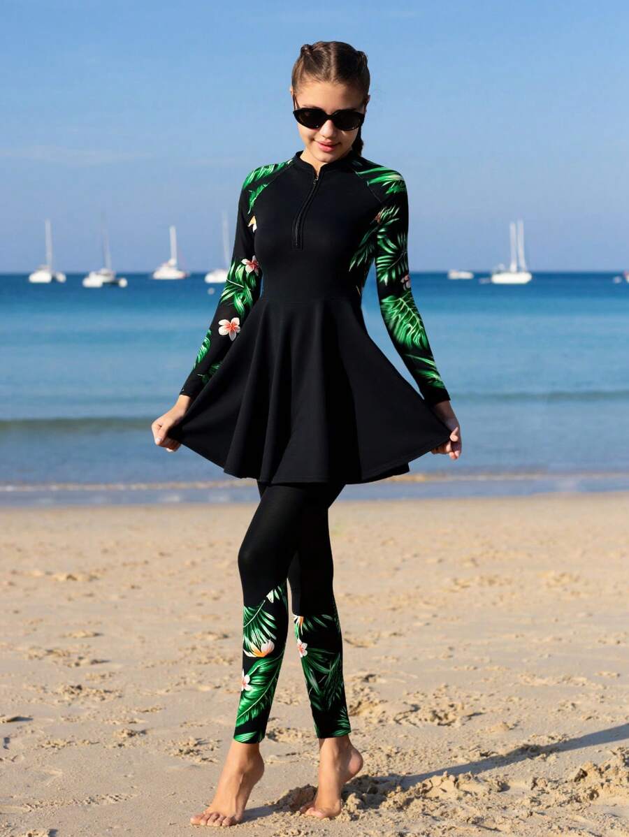 SHEIN 青少年女孩分体式吊带上衣，长袖拉链泳装，下装为花卉拼布裙和裤子 - 彩色 - 查看 1