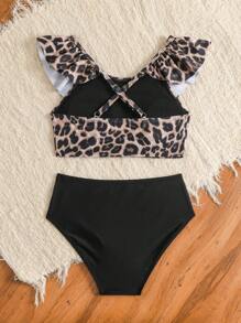 Girls' Leopard Print Swimsuit Set, Ruffled Trim, Suitable For Beach Vacation