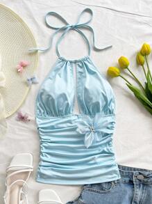 Soleia Women's Blue Vacation Knitted Halter Neck Blouse With Waist Ruching,Rave Top - Baby Blue - View 5