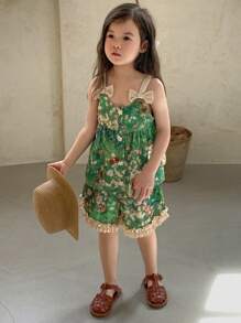 DAZY 2pcs Young Girl Girls Chiffon Sleeveless Ditsy Floral Top And Shorts Set, Summer - Green - View 1