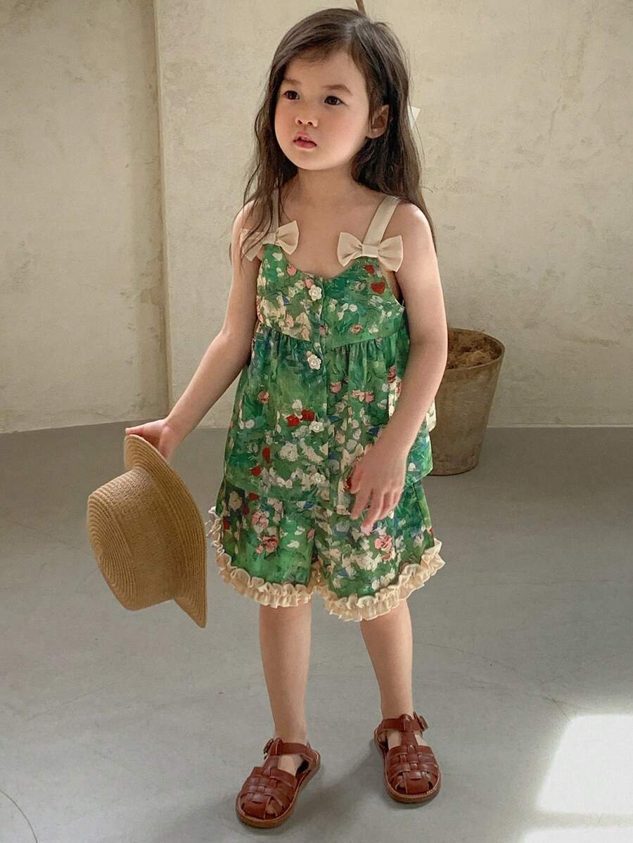 DAZY 2pcs Young Girl Girls Chiffon Sleeveless Ditsy Floral Top And Shorts Set, Summer - Green - View 1