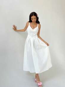 Aloruh Women's Solid Color Thick Strap Fold Pleated Sleeveless Dress - White - View 1