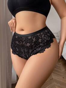 SHEIN Plus Size Hollow-Out Lace Sexy Thong - Black - View 4