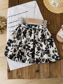 年轻女孩花卉印花松紧腰休闲夏季 A 字裙 - 卡其色 - 查看 2
