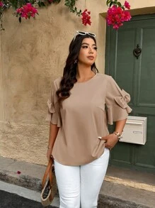 SHEIN Clasi Casual Vacation Style Solid Color Bow Decor Plus Size Shirt - Brown - View 3