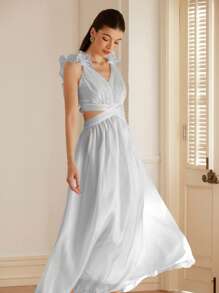 Aveloria Rosie Sexy Italian Solid Color Cross Strap Backless V-Neck Mermaid Dress, Satin Sheen, Sleeveless For Women Elegant FashionableOld Money Style Fall Cloth For Women