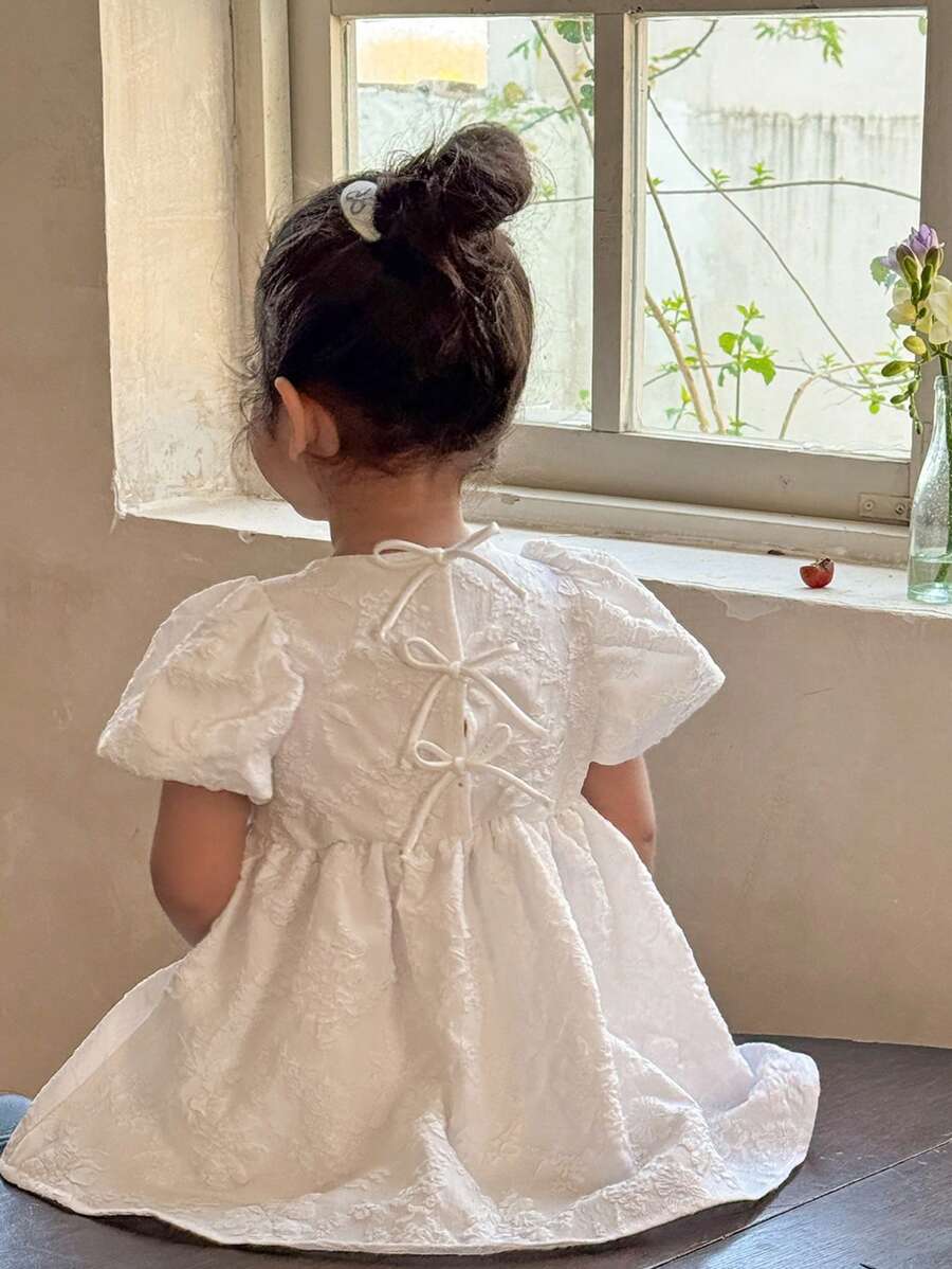 LMoss Kids LMoss   Baby Girl Solid Color Round Neck Puff Sleeve Fitted Casual Dress,Party,Spring And Summer Spring Dresses For Girls Baby Spring Dress Baby Girl Cute Dress Toddler Spring Dresses	,Sisters Outfit,3D Bow Decor - White - View 1