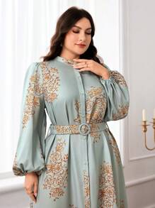 Modelyn Vestido elegante de talla grande para mujer con estampado floral, de abotonadura simple y manga farol