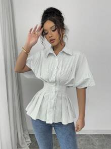 Chiquease Striped Pleated Elegant Waist-Cinched French Design Polo Collar Short Sleeve Shirt For Women - Mint Green - View 4