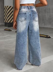 SHEIN Tween Girl Y2K Loose Fit Casual Denim Pants With Pockets And Wide Legs, Kids Fall Back To School Denim Jeans, Kid Tween Girl Spring And Summer Casual Vacation Country Boho Wear, Beach For Kid Tween Girl, Western Street Wear For Girl, Spring Break, Rave Festival Denim Jeans - Light Wash - View 4