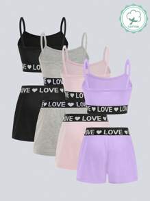 4 件套 女童心形印花弹力腰背心和短裤内衣套装 - 彩色 - 查看 2