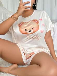 SHEIN Pijama de manga corta con estampado de oso de dibujos animados lindo y cuello redondo, short, talla grande