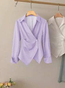 SHEIN Clasi 翻领收腰不对称条纹优雅女式衬衫女式衬衫 - 彩色 - 查看 6