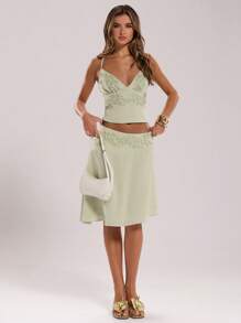 SHEIN BAE Women's Elegant Rhinestone Asymmetric Hem Skirt, Suitable For Summer, Travel, Beach Play