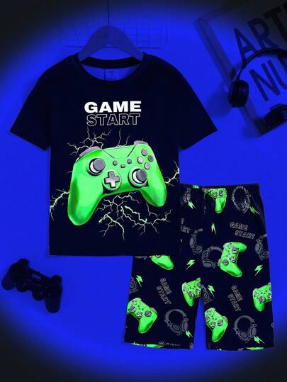 Tween Boy 2pcs Snug-Fit Pajama Set - Neon Game Controller Print Round Neck Short Sleeve Top & Shorts, Soft & Skin-Friendly