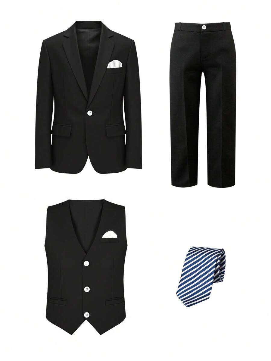 SHEIN Set de costume pentru băieți 4 bucăți: Blazer cu rever cu crestătură + vestă cu un singur piept + pantaloni asortați + cravată, potrivit pentru cină de aniversare, evenimente de petrecere, nuntă, invitat la nuntă, pageboy, băiat cu inel - Negru - Vizualizare 1