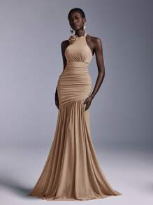 SHEIN Belle Elegant High Neck Floral Bodice Ruched Mesh Sheer Fishtail Bridesmaid Dress - Khaki - View 7