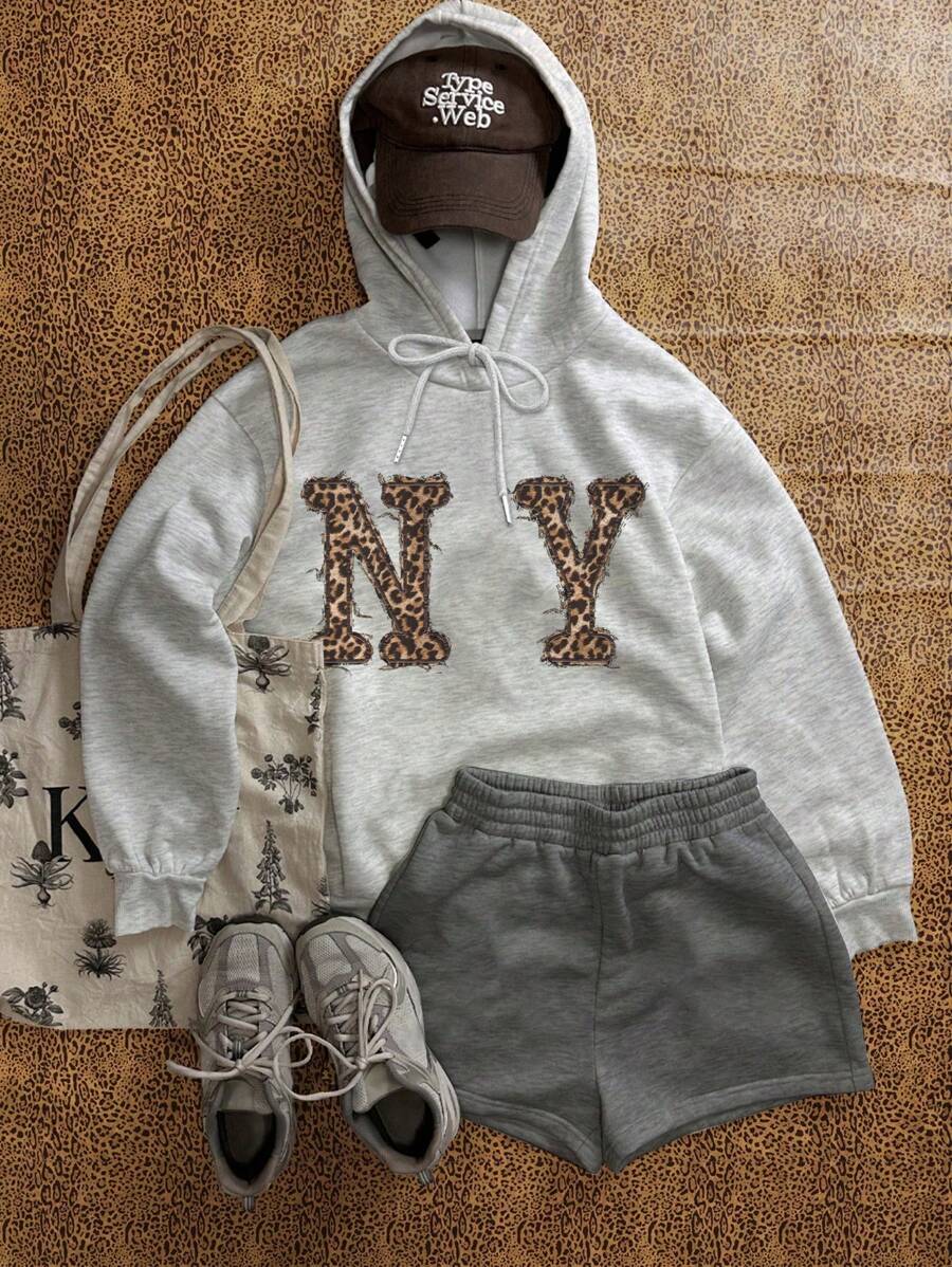 SHEIN EZwear Casual Minimalist Leopard Print Letter Graphic Hooded Long Sleeve Loose Fit Sweatshirt For Women