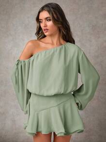 Vestido corto informal para mujer con cuello asimétrico, mangas farol y volante en el bajo, atuendo casual para brunch, vestidos de mujer para otoño, vestido para fiesta de té - verde menta - Ver 5