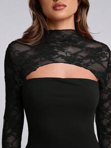 SHEIN BAE Women's Contrast Lace Hollow Out Stand Collar Long Sleeve Blouse,See Through Top - Black - View 6