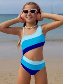 SHEIN Traje de baño de una pieza para niña preadolescente con diseño asimétrico de cuello y bloque de color, corte en la cintura, ideal para vacaciones en la playa