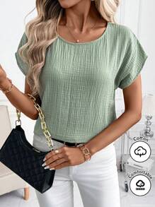 SHEIN Clasi 夏季优雅女士绿色纹理皱布露肩短袖透气衬衫，适合各种场合，日常通勤、居家等 - 綠色 - 查看 5