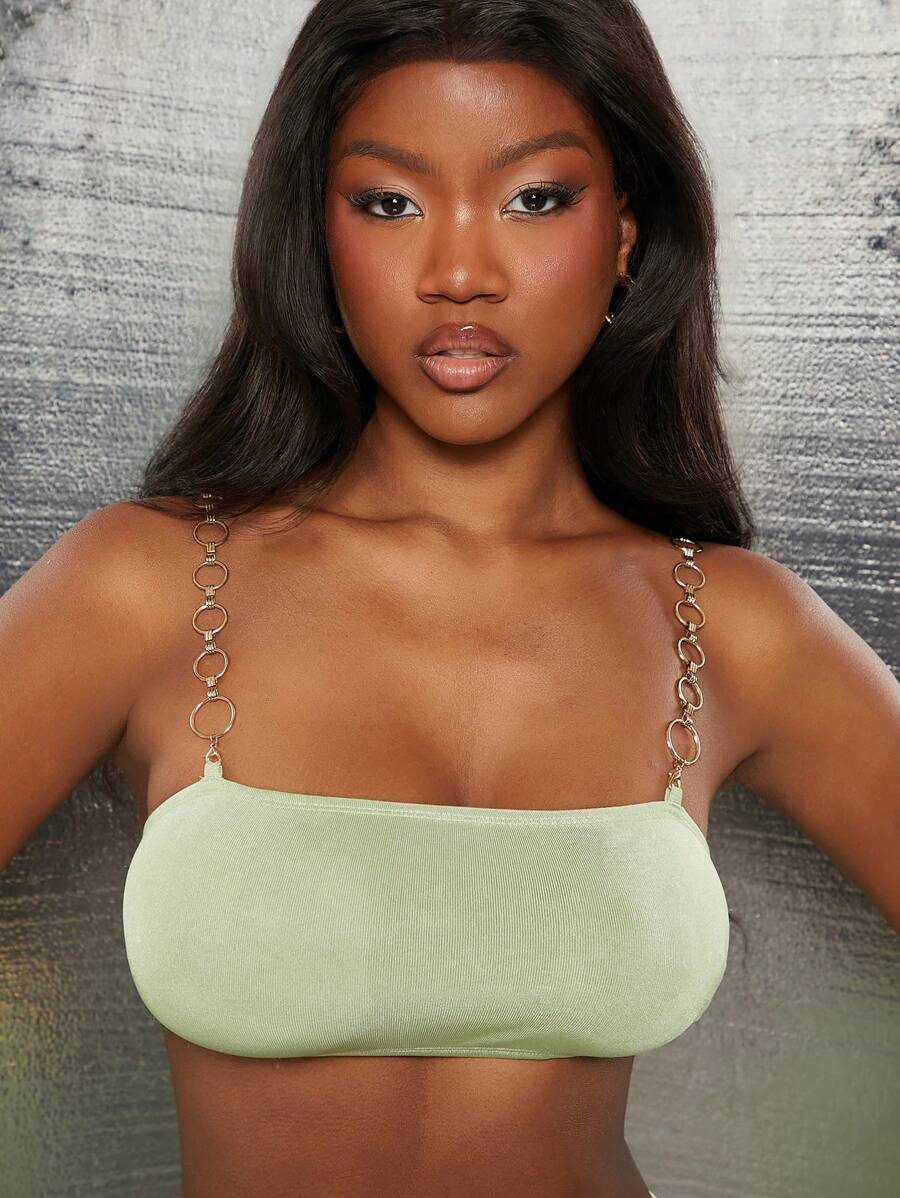 NYA SZN Top curto com alça de metal e corrente, top tomara que caia sexy, vestido para clube, brunch, festival de música, show, roupas de outono e verão para mulheres - Verde - Ver 1