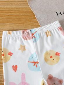 2pcs Baby/Baby Girl Cute Chick, Rabbit, Bear Print Short Sleeve Top And Leggings Pajama Set, Spring/Summer - Multicolor - View 7