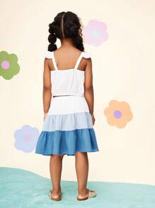 CutesyCutie  2pcs Set: Woven Solid Color Ruffle Trim Camisole Top + Woven Contrast Color Mini Skirt For Young Girls - Multicolor - View 2