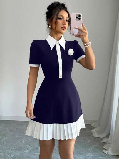 Elenzga Women's Half-Zip Colorblock Floral 3D Mini Dress