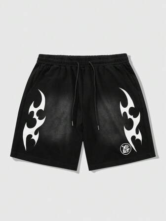 Grunge Punk Pantalones cortos casuales con estampado de llamas y cordón en la cintura, para volver al colegio
