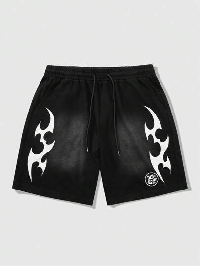 Grunge Punk Men's Vintage Flame Print Drawstring Waist Casual Shorts