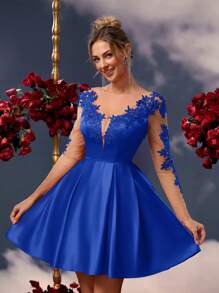 SHEIN Belle Elegant Satin Sheen Floral Applique Backless High Waist A-Line Formal Dress, Transparent Long Sleeve, Party Dress, Wedding Guest Dress, Prom Dress - Royal Blue - View 2