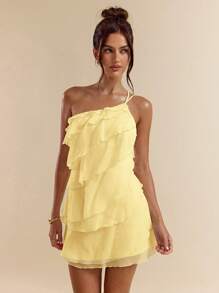 SHEIN BAE Abito corto color albicocca con strati e foglia di loto, adatto per uscite giornaliere, serate, discoteche, feste, ritrovi, cocktail party, feste in piscina, vestiti per il ritorno a scuola, abiti per la stagione scolastica, abiti da vacanza, vestiti per festival musicali, festival di musica country, abbigliamento da concerto