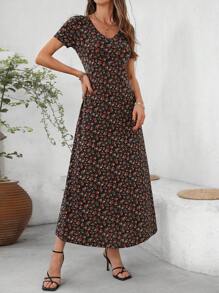 SHEIN Clasi Đầm dài họa tiết hoa thanh lịch dành cho nữ, mùa hè - màu đen - Xem 6