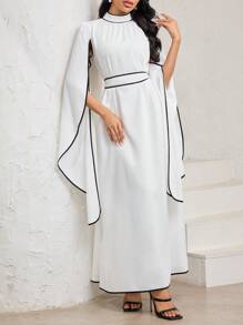 Al Najma 女士优雅撞色镶边斗篷袖阿拉伯风格连衣裙 - 黑與白 - 查看 4