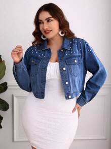 Plus Size Women's Long Sleeve Faux Pearl Decor Single-Breasted Denim Jacket - Medium Wash - View 3