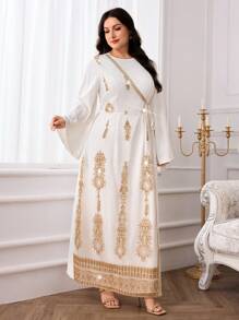 Al Najma Plus Size Women Elegant Embroidered Tie-Up Maxi Arabic Abaya Dress, Modest - White - View 6