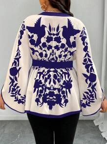 SHEIN Clasi 大码花卉复古印花腰部收紧 V 领喇叭袖休闲通勤优雅度假衬衫 - 彩色 - 查看 2